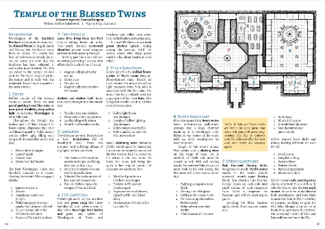 old-school-style dungeons and dragons layout of an adventure entitled "Temple of the Blessed Twins"