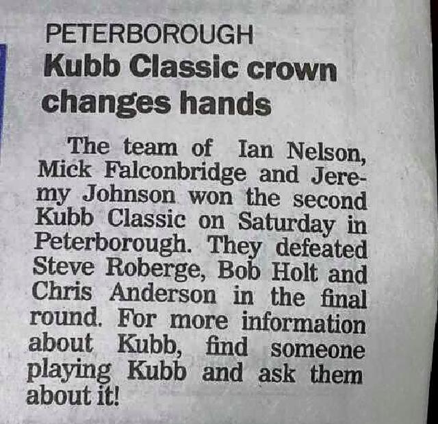 newspaper blurb about being defeated in the Kubb Classic final