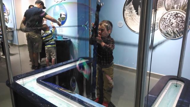 boy pulling rope while encased in a giant soap bubble