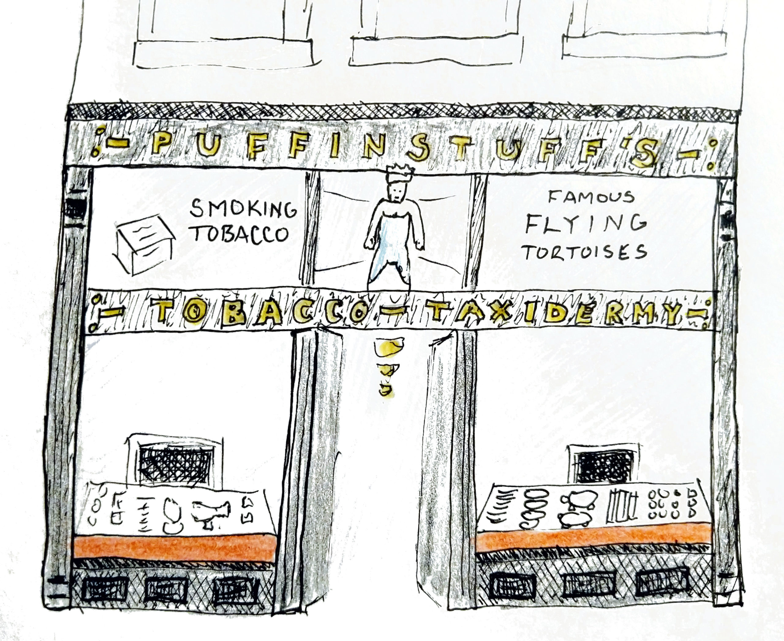 drawing of shop exterior for Puffinstuff's Tobacco and Taxidermy